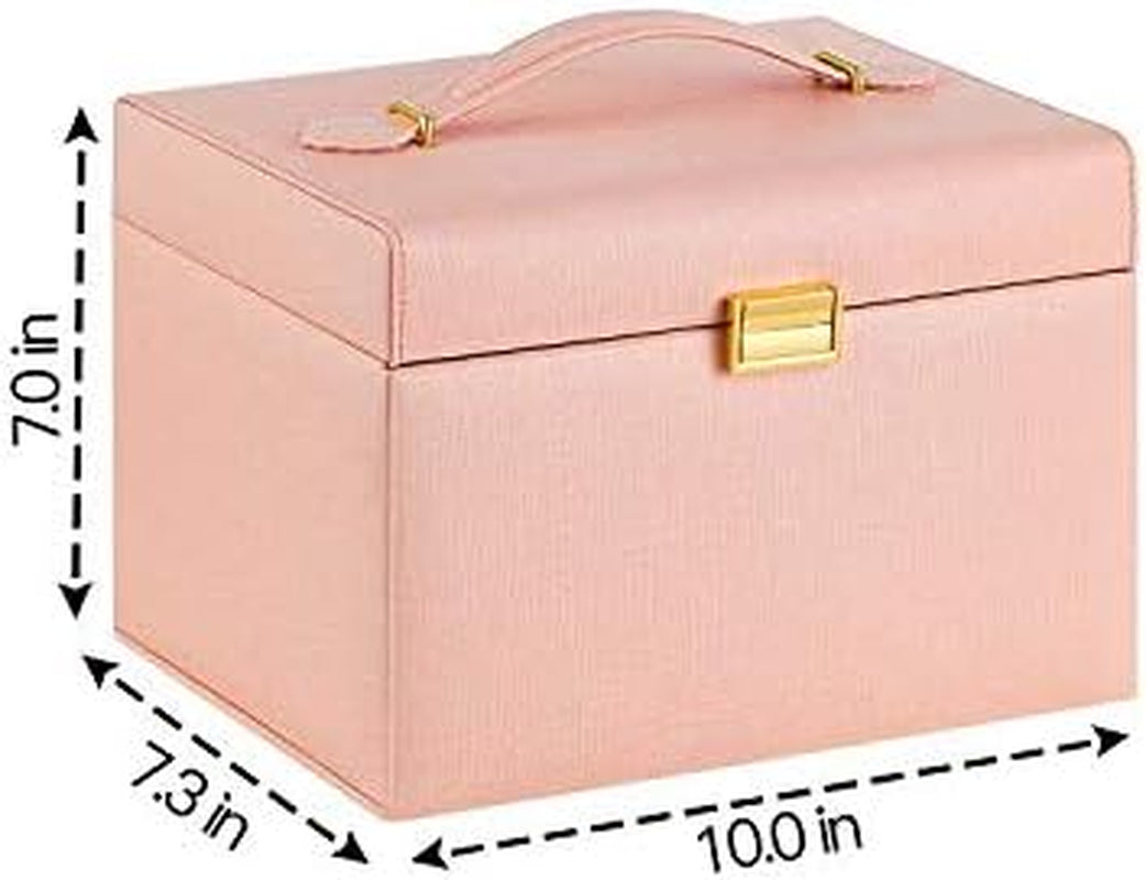 RIRO Jewelry Box for Women, Faux Leather Jewelry Organizer Box with 2 Drawers, Lockable Jewelry Storage Case with Mirror, Storing for Watch Necklace Ring Earring Bracelet, Gift (Pink)