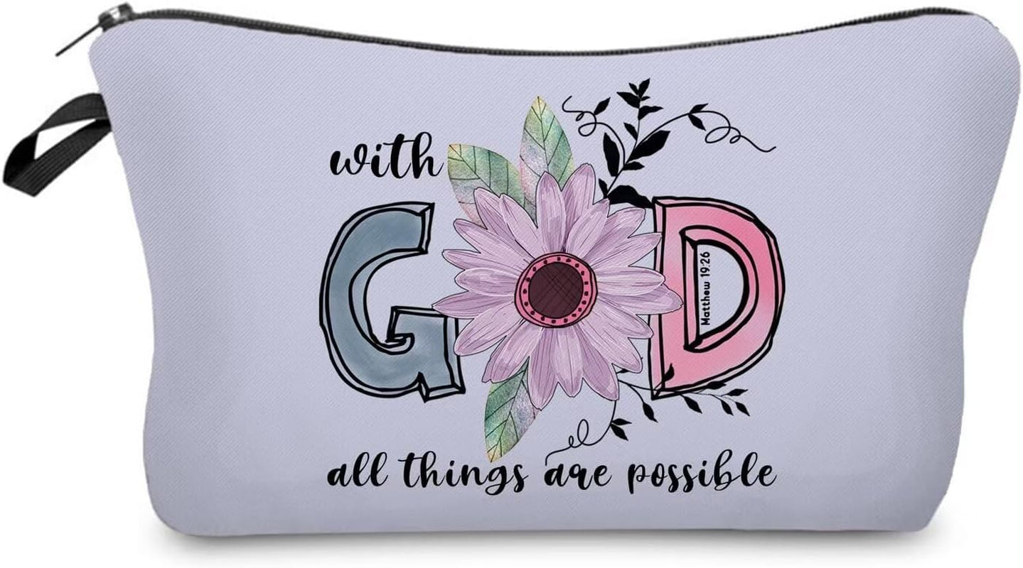 Bible Quotes Makeup Bag Small Organizer Zipper Pouch with God All Things Are Possible Cosmetic Bag Christian Present for Women Friends