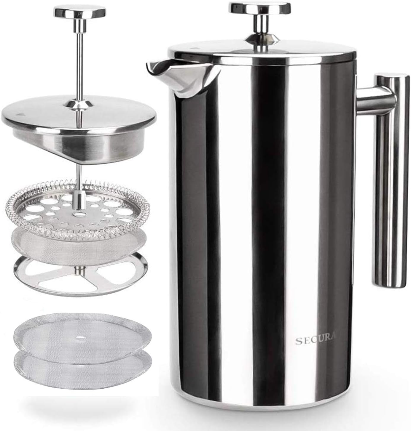 Secura French Press Coffee Maker, 304 Grade Stainless Steel Insulated Coffee Press with 2 Extra Screens, 34Oz (1 Litre), Silver