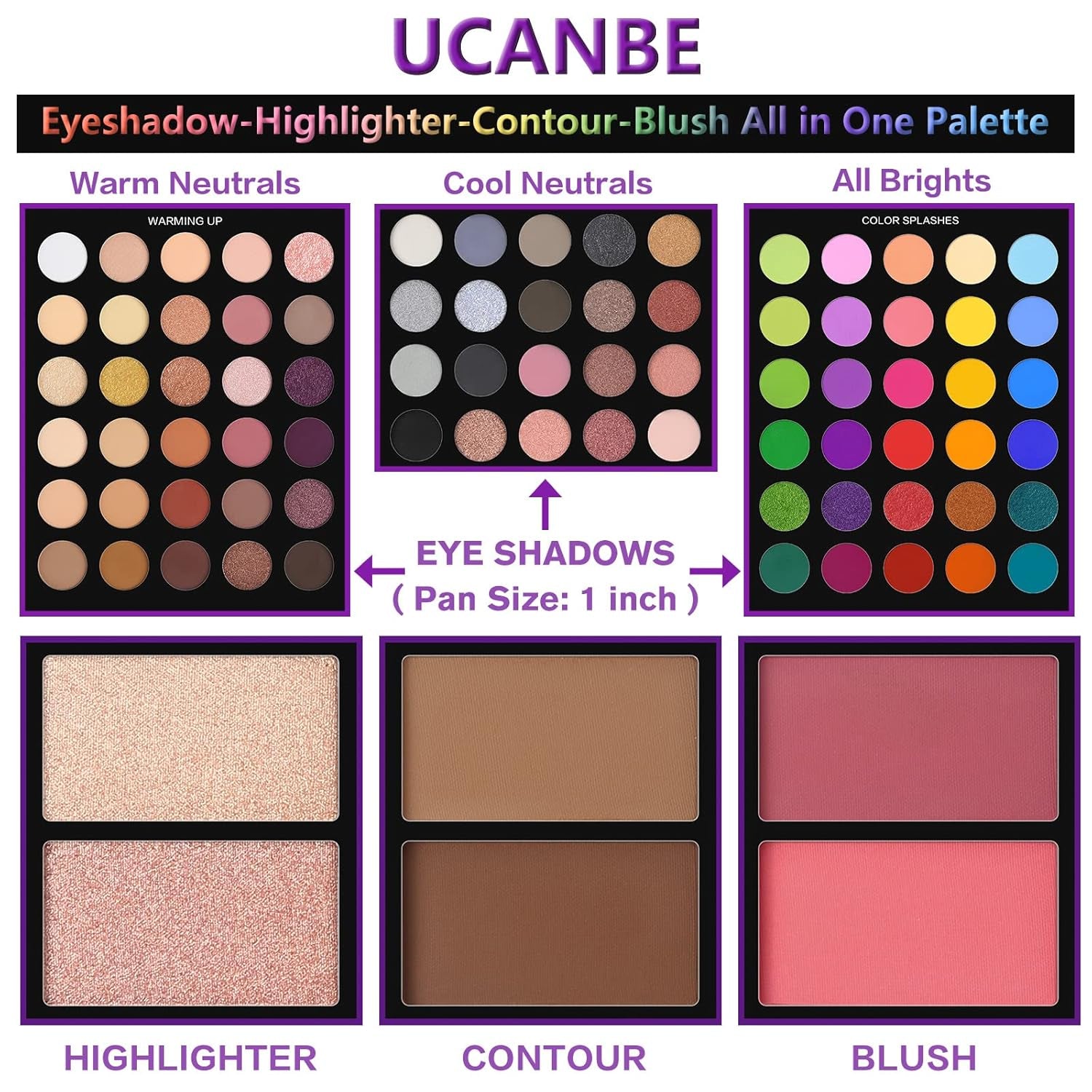 UCANBE Eyeshadow Palette with 15Pcs Brushes Makeup Set, Pigmented 86 Colors Make up Sets Valentine'S Day Gift, Matte Shimmer Glitter Eye Shadow Pallet Highlighter Contour Blush Powder Brush Beauty Kit