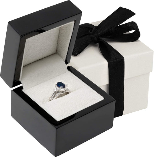 Noble Piano Wood Ring Box - Luxury Engagement Ring Box for Proposal Ring or Special Occasions - Comes with a Two Piece Packer and Ribbon (Black)