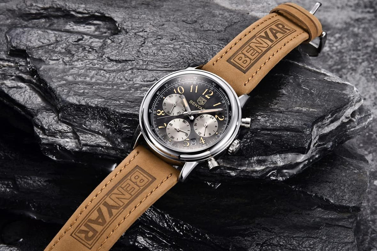 BENYAR Men'S Quartz Business Casual Sports Watch-Brown Strap 30M Waterproof-Multifunctional Fashion Analog Chronograph Watch with Calendar