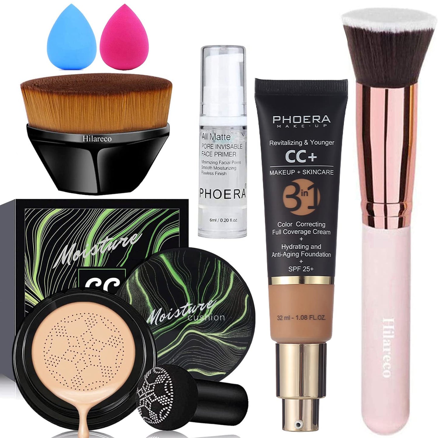Mushroom Head Air Cushion CC Cream Natural Foundation,Phoera CC Cream Foundation with Spf,Color Correcting anti Aging Hydrating Serum,Phoera Face Primer (#03 Warm Nude +#120 Nude)