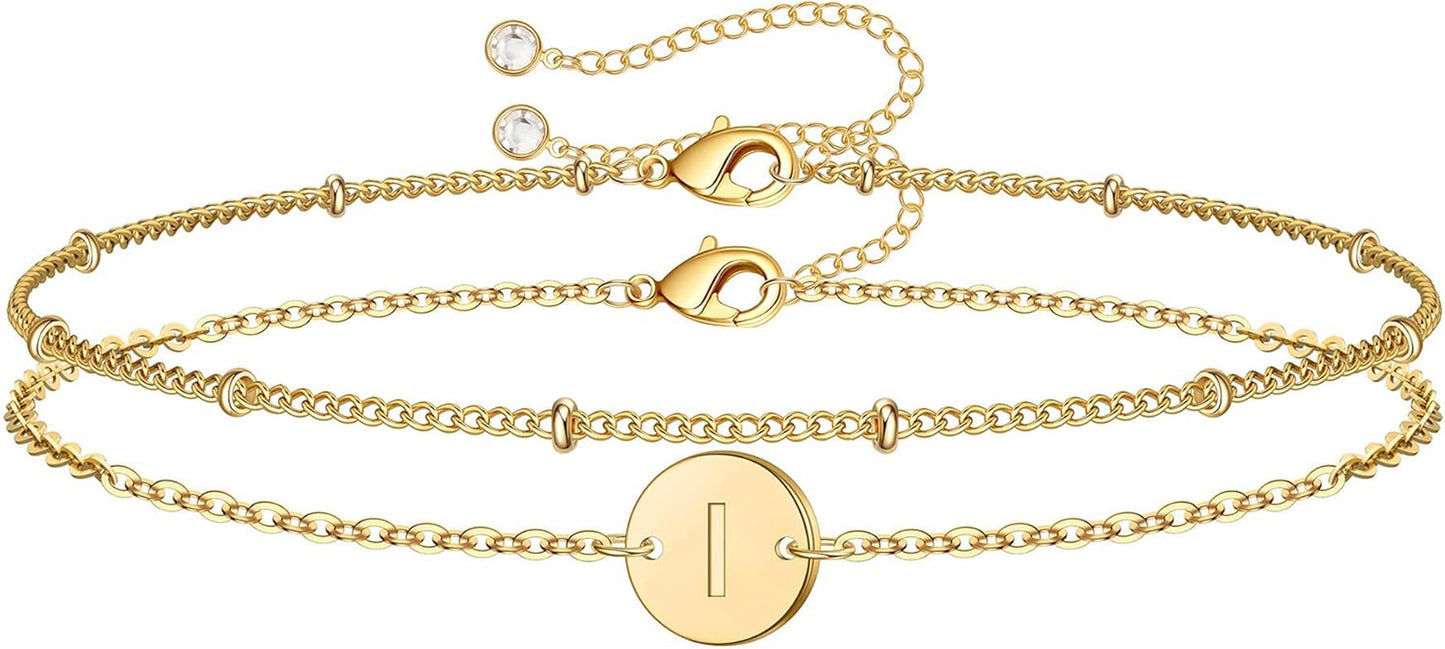 MONOZO Gold Initial Bracelets for Women Girls Jewelry Gifts - Dainty 14K Gold Plated Layered Beaded Letter Initial Bracelet 26 Alphabet Disc Monogram Charm Bracelet Jewelry Birthday Gifts for Women