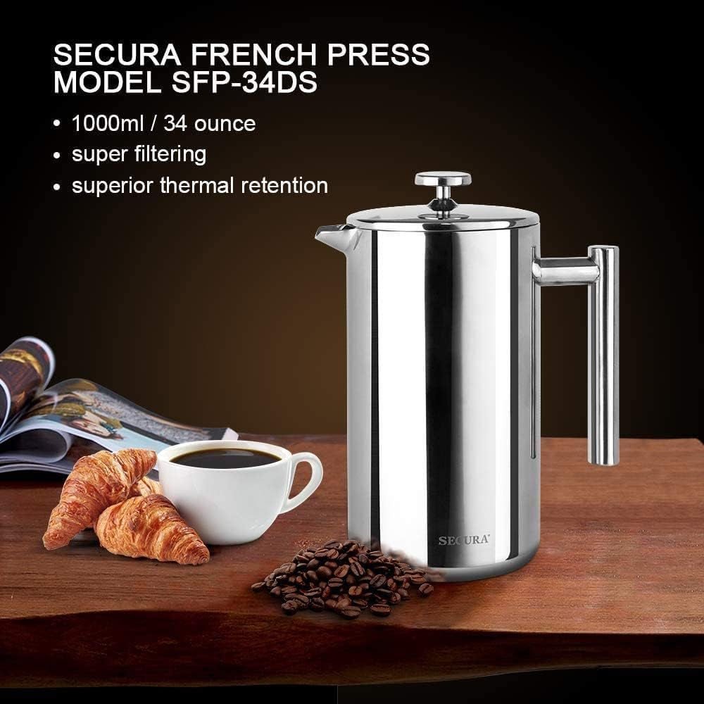 Secura French Press Coffee Maker, 304 Grade Stainless Steel Insulated Coffee Press with 2 Extra Screens, 34Oz (1 Litre), Silver
