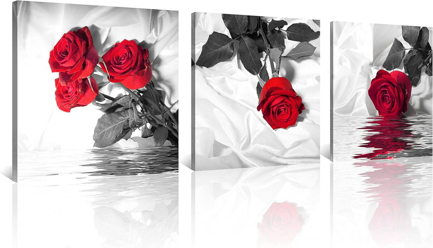 NAN Wind Canvas Print 3 Pcs Black and White Red Rose Canvas Art Painting Abstract Wall Art Decorations Flower Picture on Canvas for Home Decor Stretched and Framed (16X16Inchx3Pcs, A-Rose)