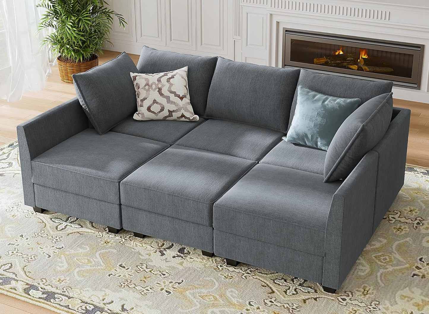 HONBAY Modular Sectional Sofa U Shaped Sectional Couch with Reversible Chaise Modular Couch with Storage, Bluish Grey