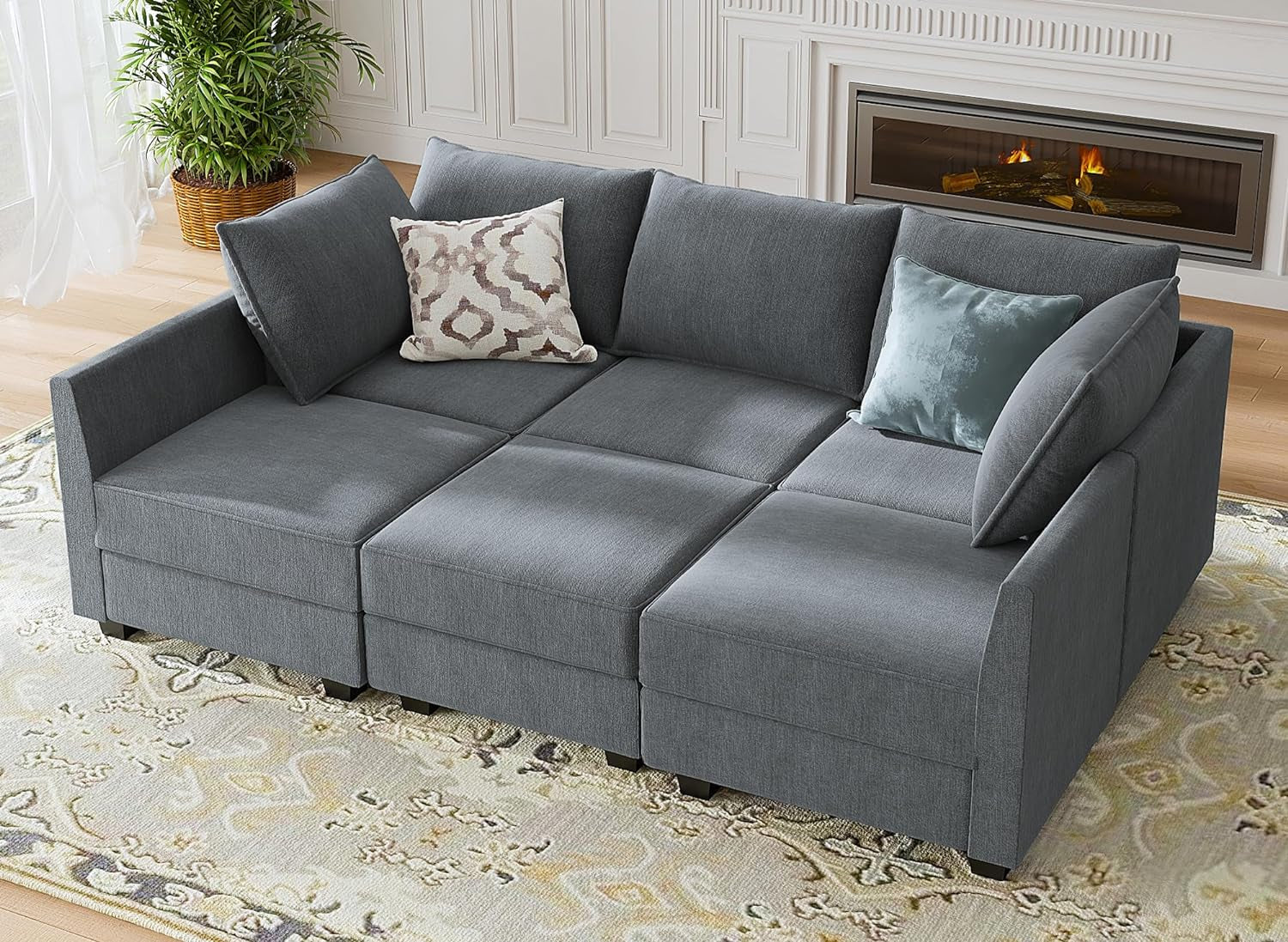 HONBAY Modular Sectional Sofa U Shaped Sectional Couch with Reversible Chaise Modular Couch with Storage, Bluish Grey