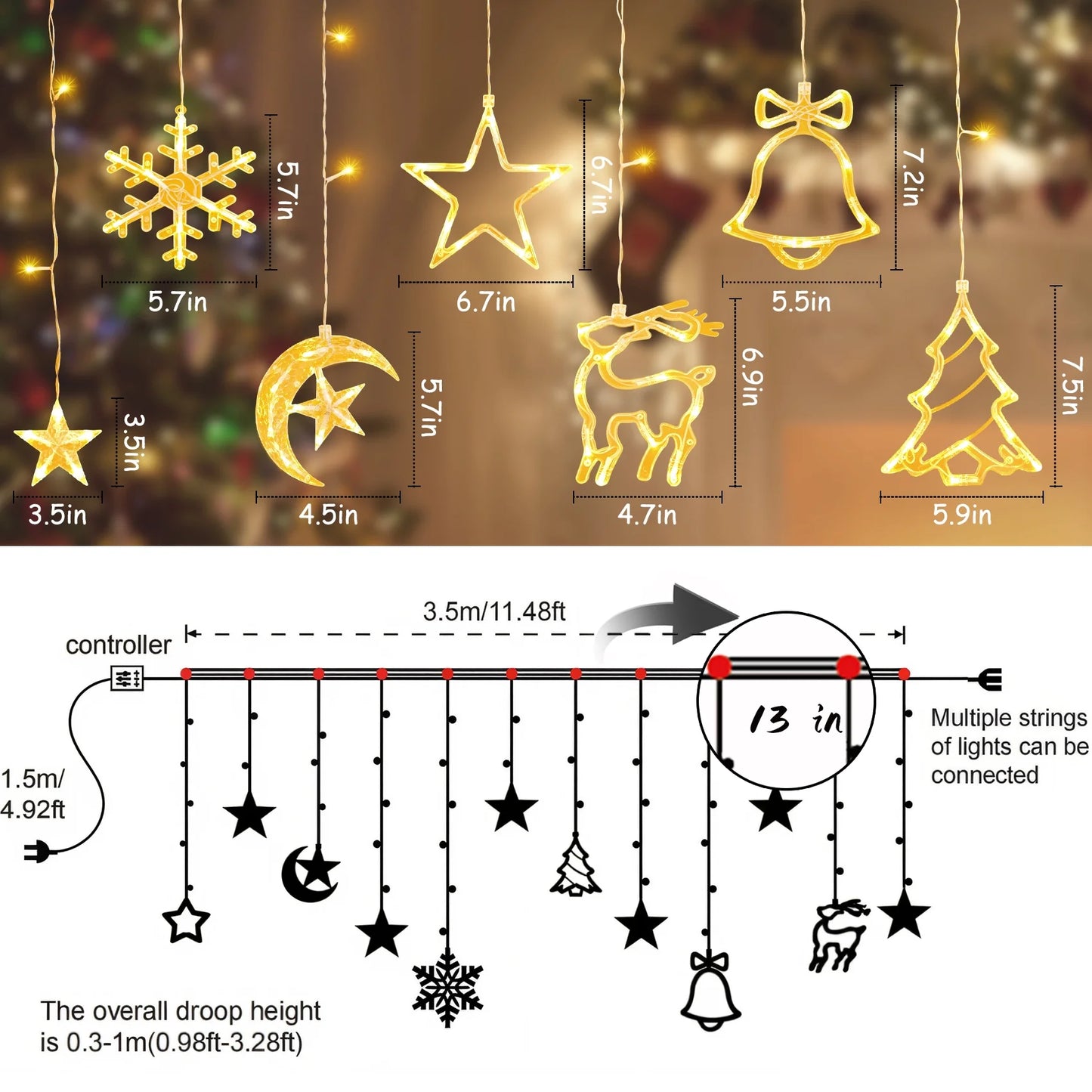 Christmas Decorations, 11.5FT Christmas Hanging Curtain Lights for Indoor Outdoor Window Home Xmas Decor