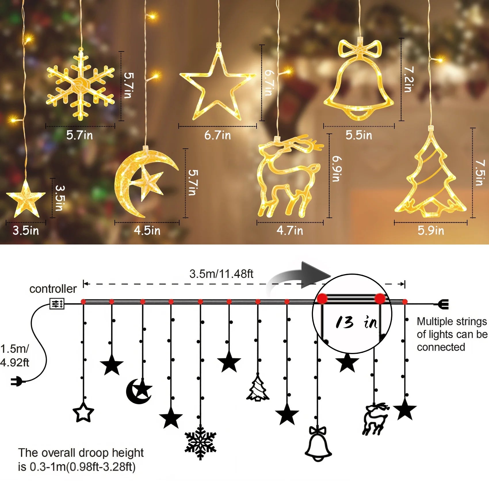 Christmas Decorations, 11.5FT Christmas Hanging Curtain Lights for Indoor Outdoor Window Home Xmas Decor