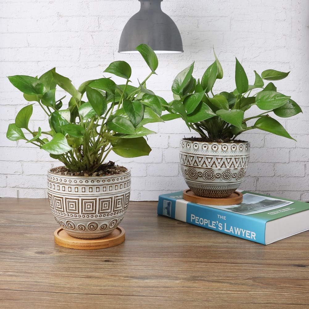 G Epgardening 5.5In Geometry Ceramic Planter Large round Succulent Planter Flower Pot Indoor and Outdoor Brown Set of 2