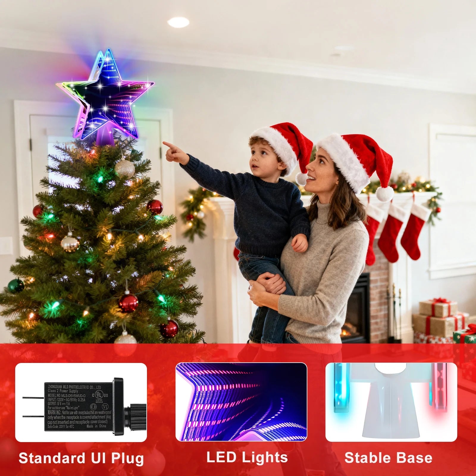 Christmas Star Tree Topper, Double Sided Tunnel Mirror Surface, 12 Lighting Modes, Built-In 6 Projected Patterns, Multi-Color Light