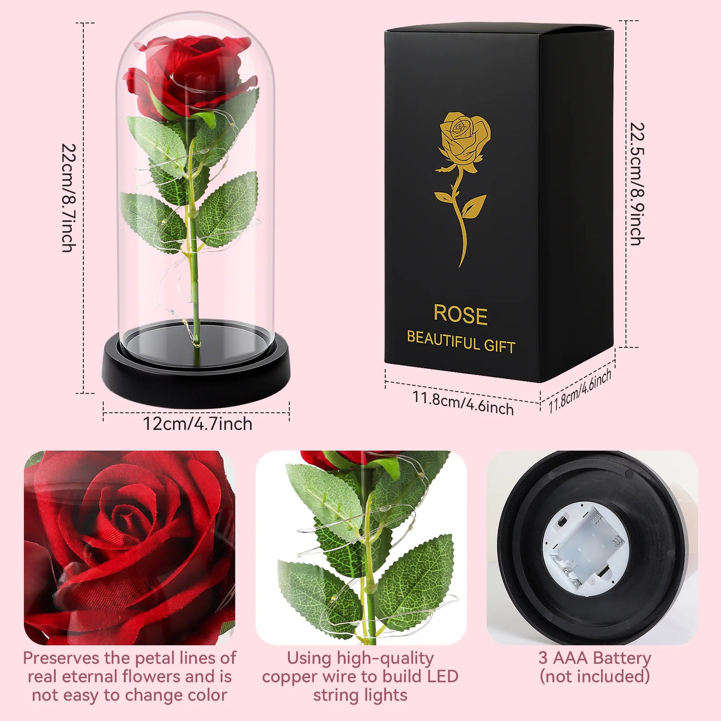 Forever Rose Red Roses with LED Lights, Eternal Flowers, Romantic Party Christmas Decorations, Valentine'S Day, Mother'S Day Gifts