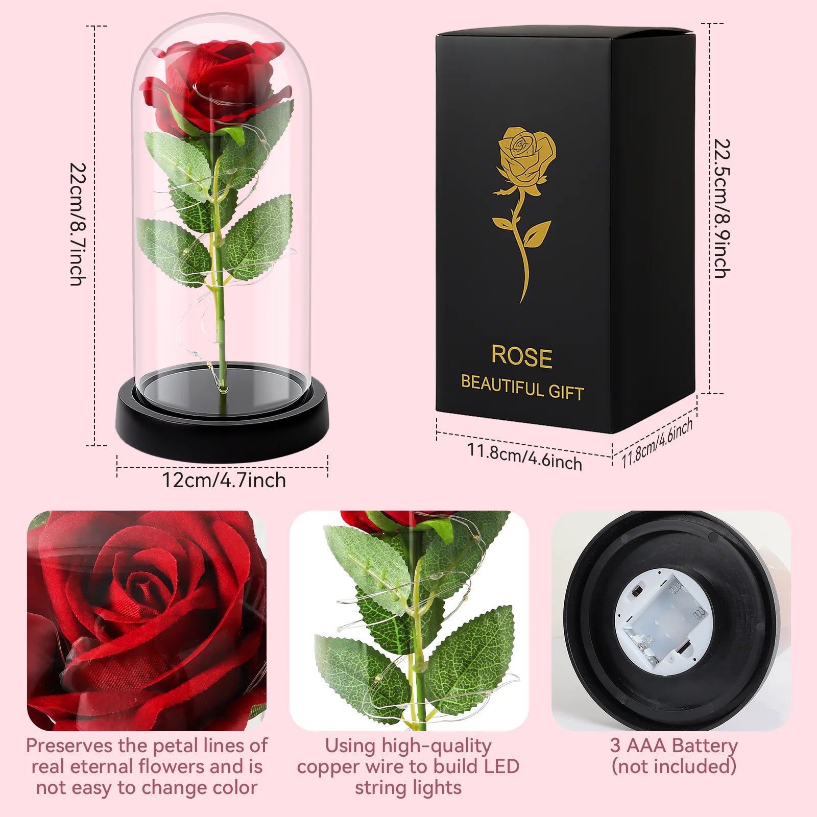 Forever Rose Red Roses with LED Lights, Eternal Flowers, Romantic Party Christmas Decorations, Valentine'S Day, Mother'S Day Gifts