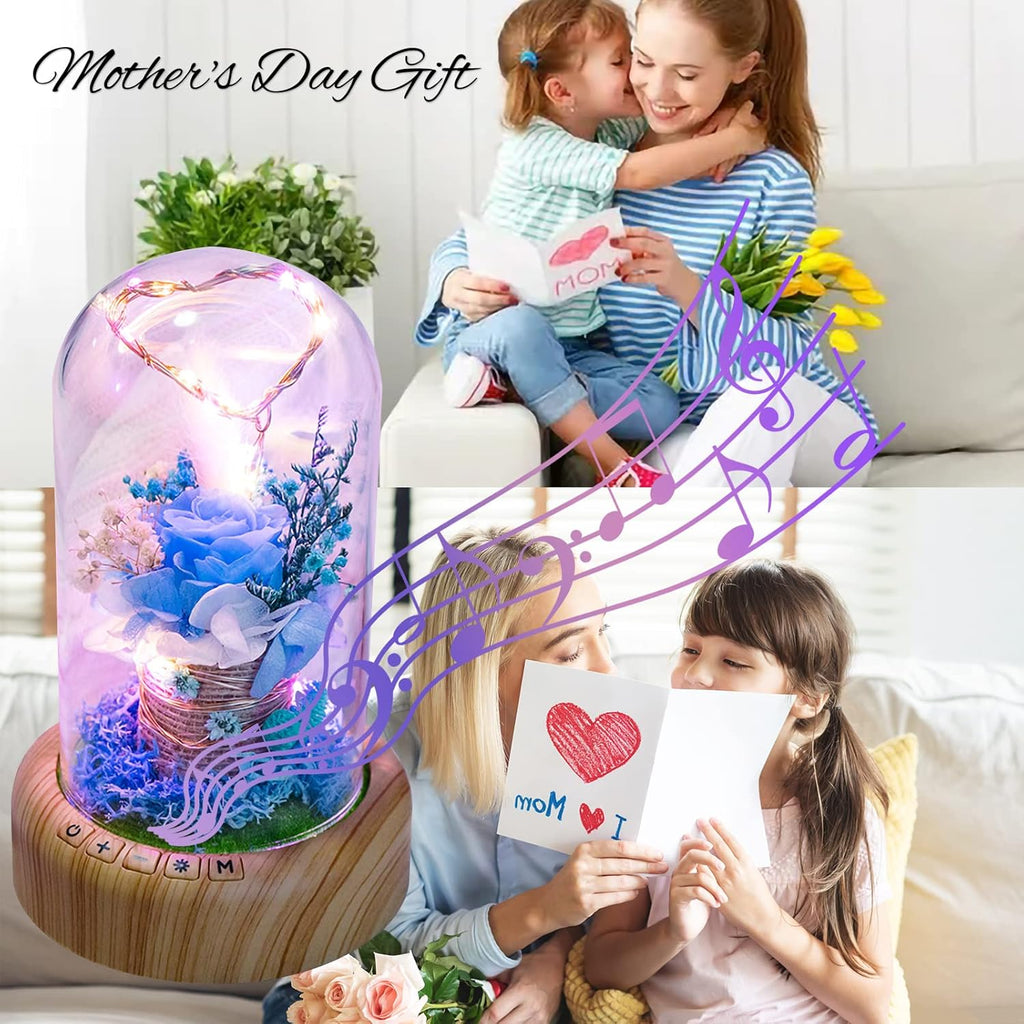 SWEETIME Blue Rose Lamp Real Preserved Rose in Glass Dome, Forever Flower Night Light with Bluetooth Speaker, Eternal Flowers Rose Musical Box Gift for Her on Mother'S Day, Birthday, Valentine Day.