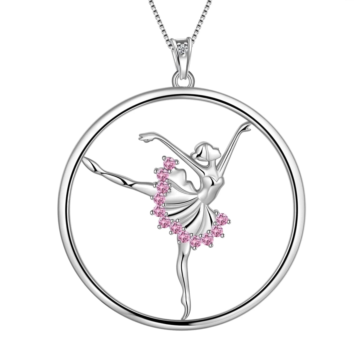 Sterling Silver Ballerina Necklace October Birthstone Pink CZ Ballet Dancer Dance Pendant Jewelry Christmas Valentine'S Day Birthday Gifts for Daughter