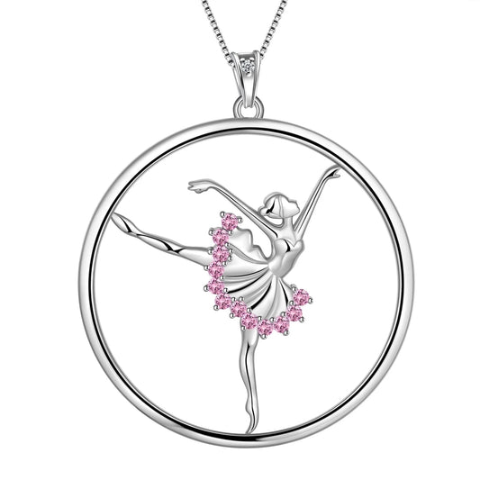 Sterling Silver Ballerina Necklace October Birthstone Pink CZ Ballet Dancer Dance Pendant Jewelry Christmas Valentine'S Day Birthday Gifts for Daughter