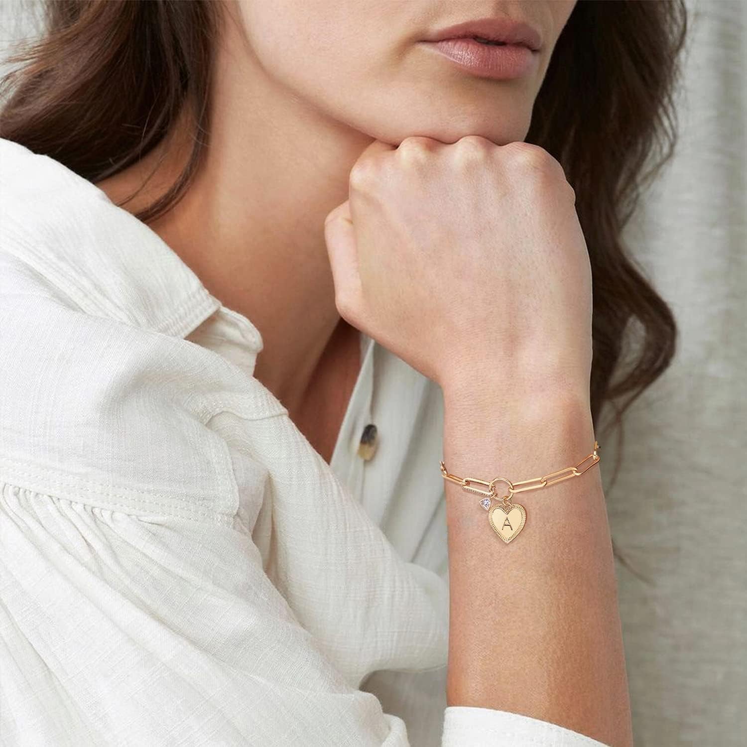 Bemoly Gold Bracelets for Women Dainty Initial Heart Paperclip Letter Bracelet Link Jewelry 14K Gold Plated Chunky Chain Friendship Bracelet