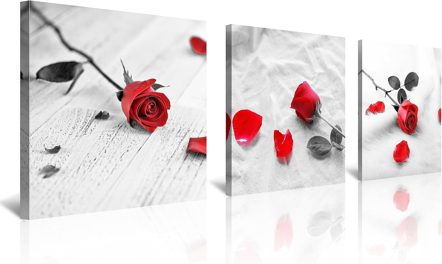 NAN Wind Canvas Print 3 Pcs Black and White Red Rose Canvas Art Painting Abstract Wall Art Decorations Flower Picture on Canvas for Home Decor Stretched and Framed (16X16Inchx3Pcs, A-Rose)