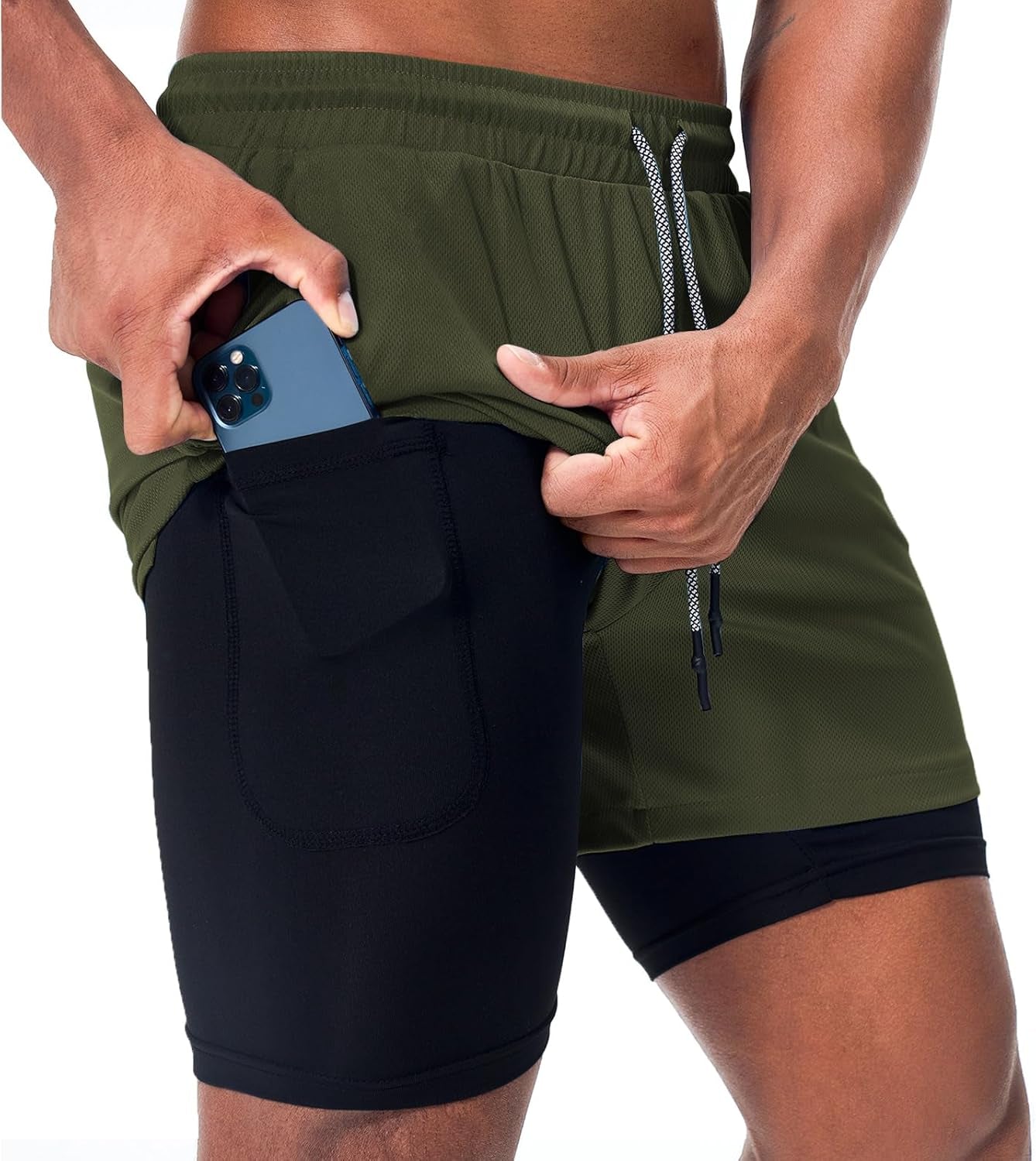 Surenow Men'S Athletic Running Shorts Quick Dry Workout Shorts 2 in 1 Shorts 5" Gym Running Shorts for Men with Phone Pocket