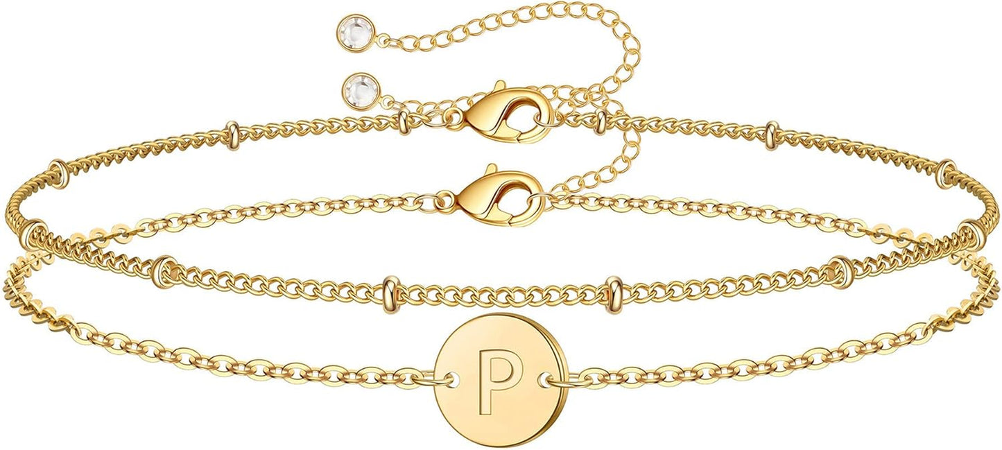 MONOZO Gold Initial Bracelets for Women Girls Jewelry Gifts - Dainty 14K Gold Plated Layered Beaded Letter Initial Bracelet 26 Alphabet Disc Monogram Charm Bracelet Jewelry Birthday Gifts for Women