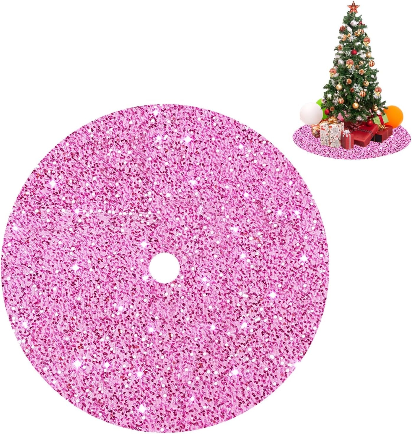 FUHSY Christmas Tree Skirt Pink Tree Skirt 46 Inch Sequintree Skirt Velvet Tree Floor Carpet Holiday Ornaments Glittery Xmas Skirt for Thanksgiving Pink Christmas Decorations Christmas Skirt Tree