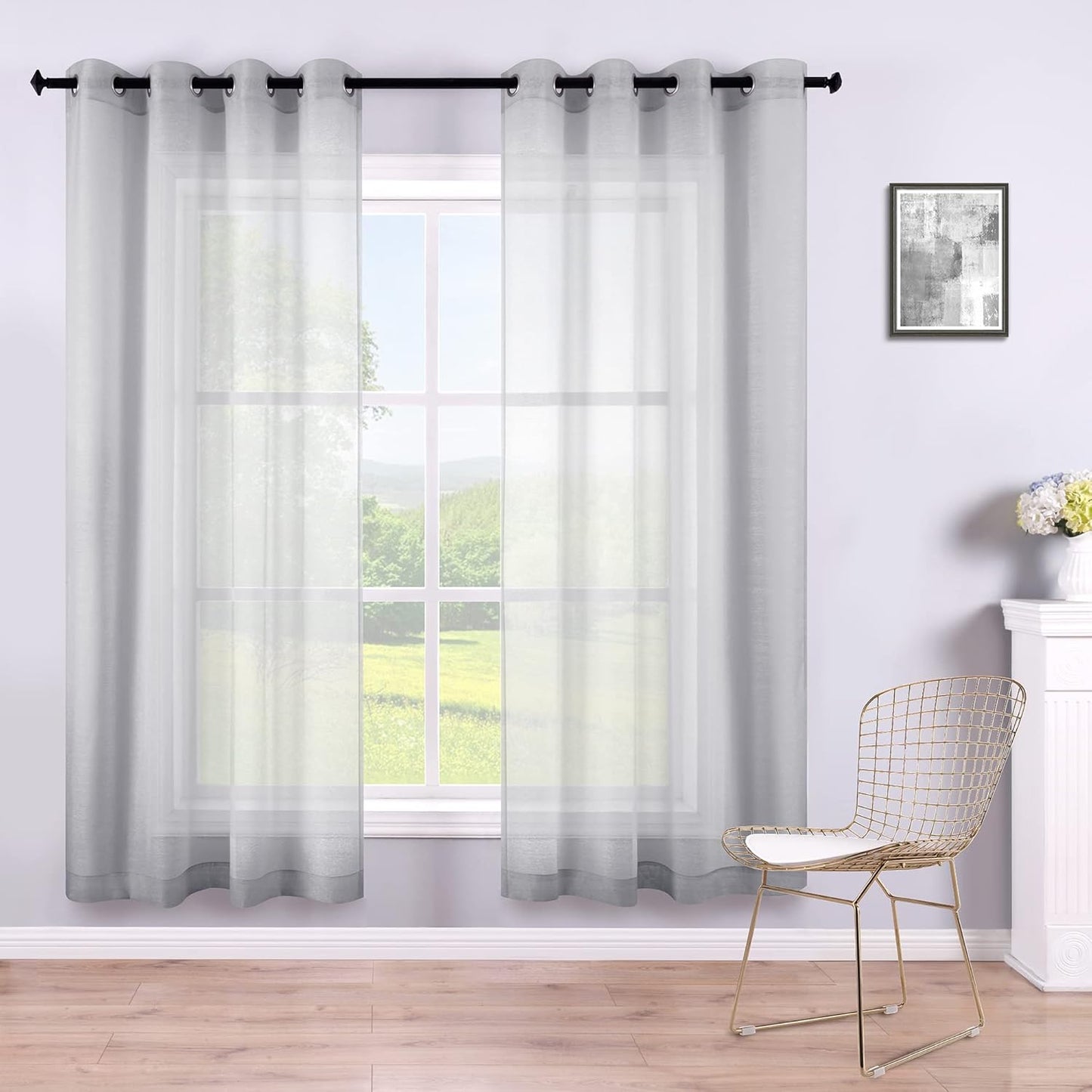 KOUFALL Silver Sheer Curtains, Luxury Curtain for Living Room Bedroom, Light Grey Grommet Backdrop Curtains for Party, 52 X 84 Inch Length, 2 Panels Set, Gray