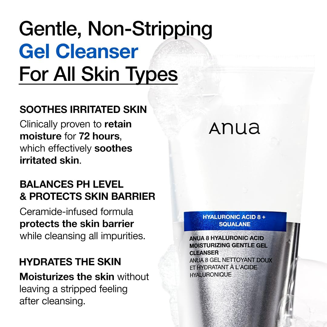 ANUA Moisturizing Gentle Gel Cleanser, Hyaluronic Acid, Squalane, Ceramide, Foaming Facial Korean Cleanser, Ph Balance, Daily Hydrating Face Wash, Korean Skincare (150Ml/5.07Fl Oz.)