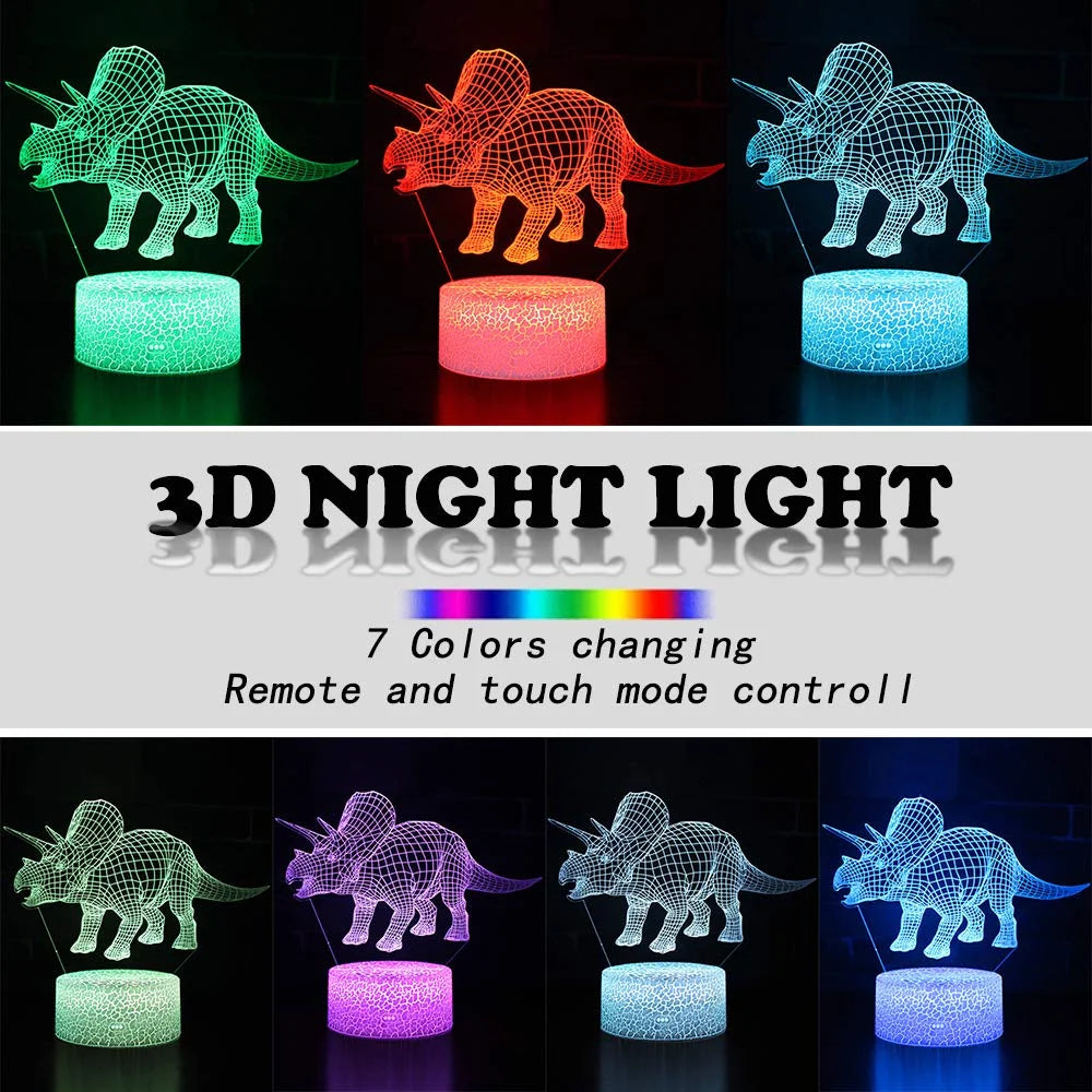 3D Dinosaur Night Light - 7-Color LED Lamp W/ Remote, Kids Room Decor