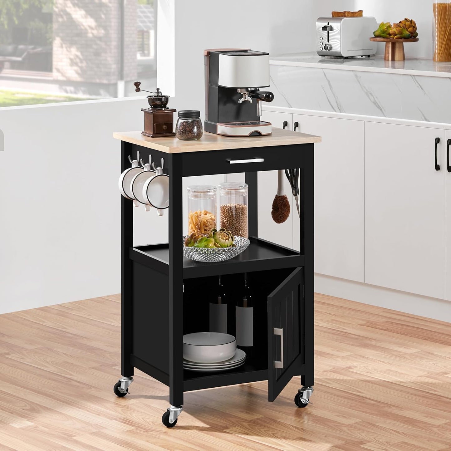 Yaheetech Kitchen Island Cart with Storage, Rolling Kitchen Island on Wheels with 6 Side Hooks, Wood Top Microwave Cart with Drawer for Dining Room, Black