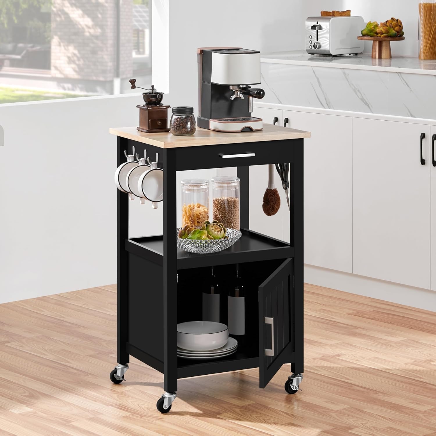 Yaheetech Kitchen Island Cart with Storage, Rolling Kitchen Island on Wheels with 6 Side Hooks, Wood Top Microwave Cart with Drawer for Dining Room, Black