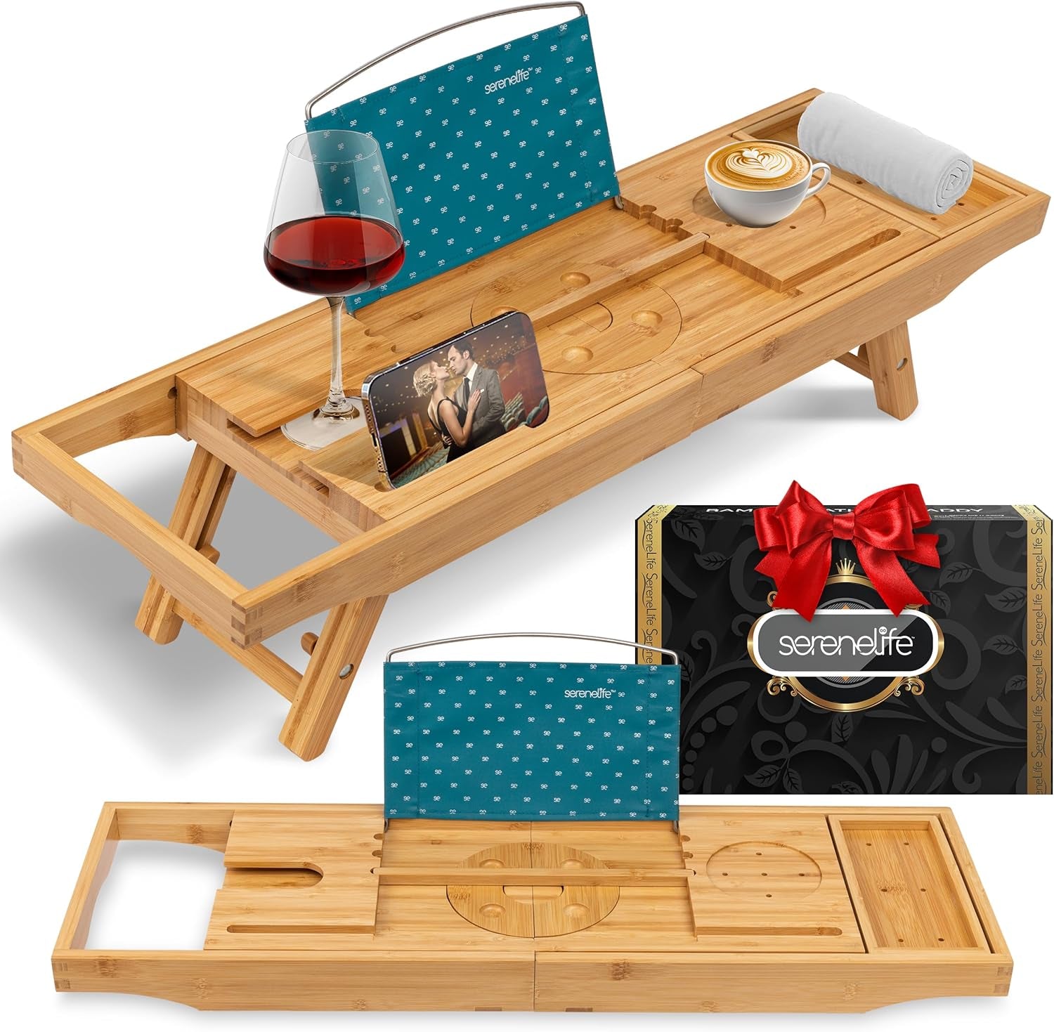 Serenelife Bath Caddy Breakfast Tray Combo - Natural Bamboo Wood Waterproof Tub and Bed with Folding Slide-Out Arms, Device Grooves, Wine Glass Soap Holder