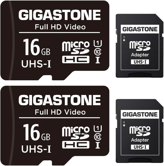 GIGASTONE 16GB Micro SD Card 2-Pack, FHD Video, Surveillance Security Cam Action Camera Drone, 85Mb/S Micro SDHC UHS-I U1 Class 10