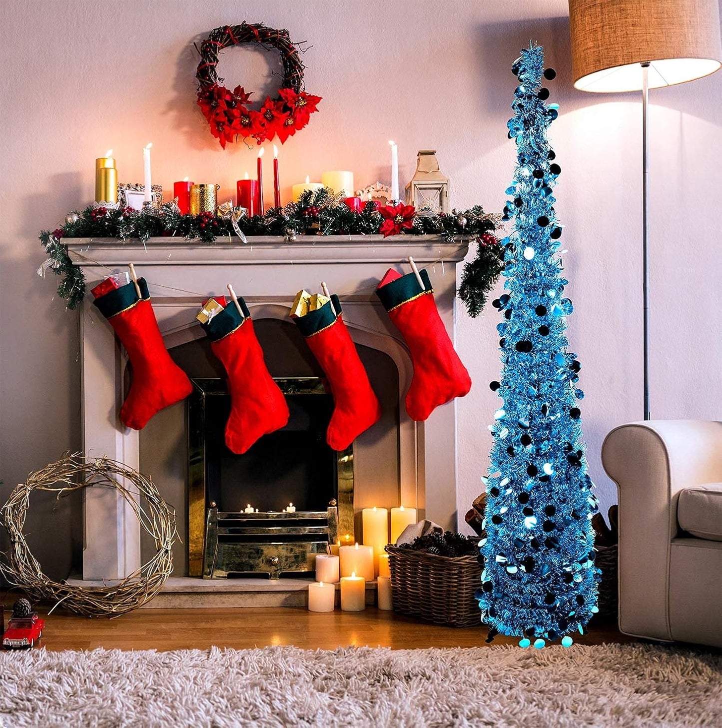 5 Ft Light Blue Tinsel Christmas Tree - Collapsible Pop up Christmas Tree with Bag