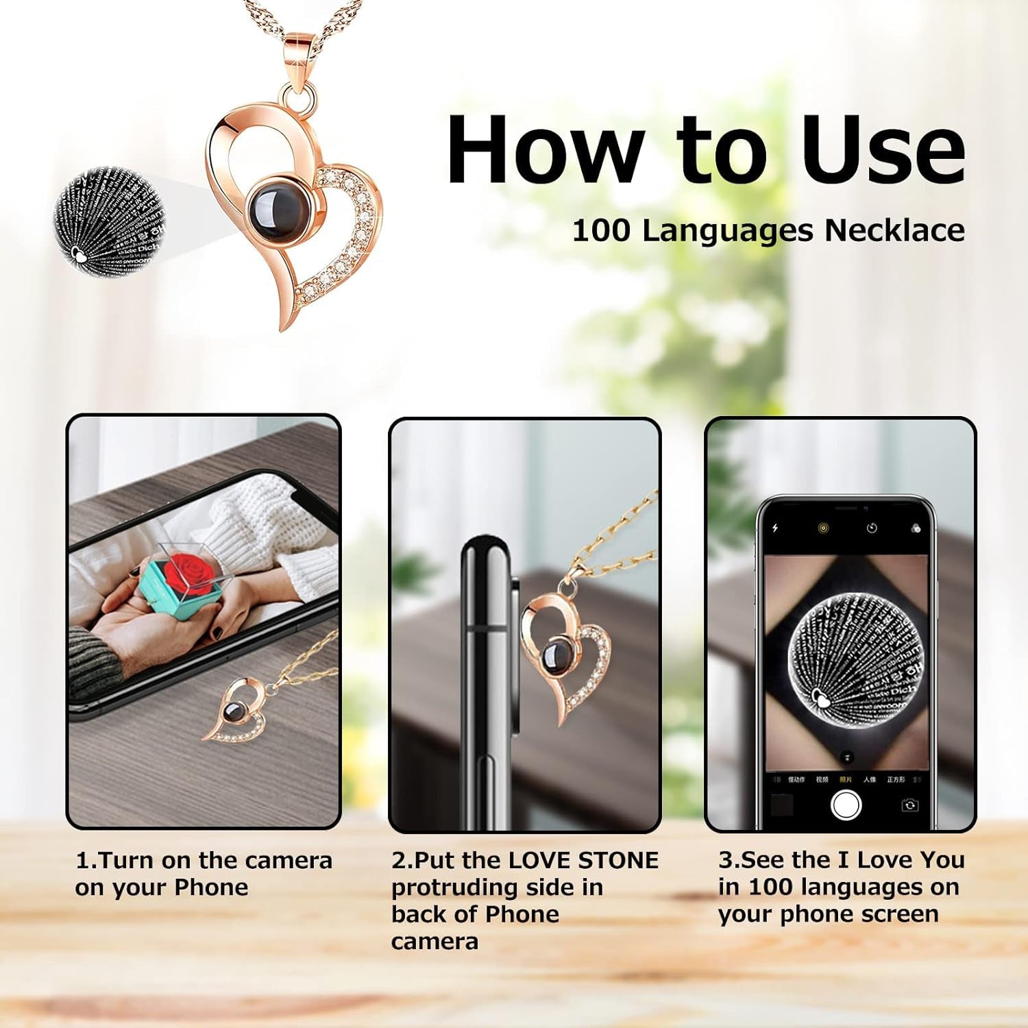 U UQUI Valentines Day Gifts for Her, Preserved Real Rose with I Love You Heart Necklace 100 Languages, Birthday Gifts for Women Mom Girlfriend Wife,Forever Flower for Anniversary, Red Roses