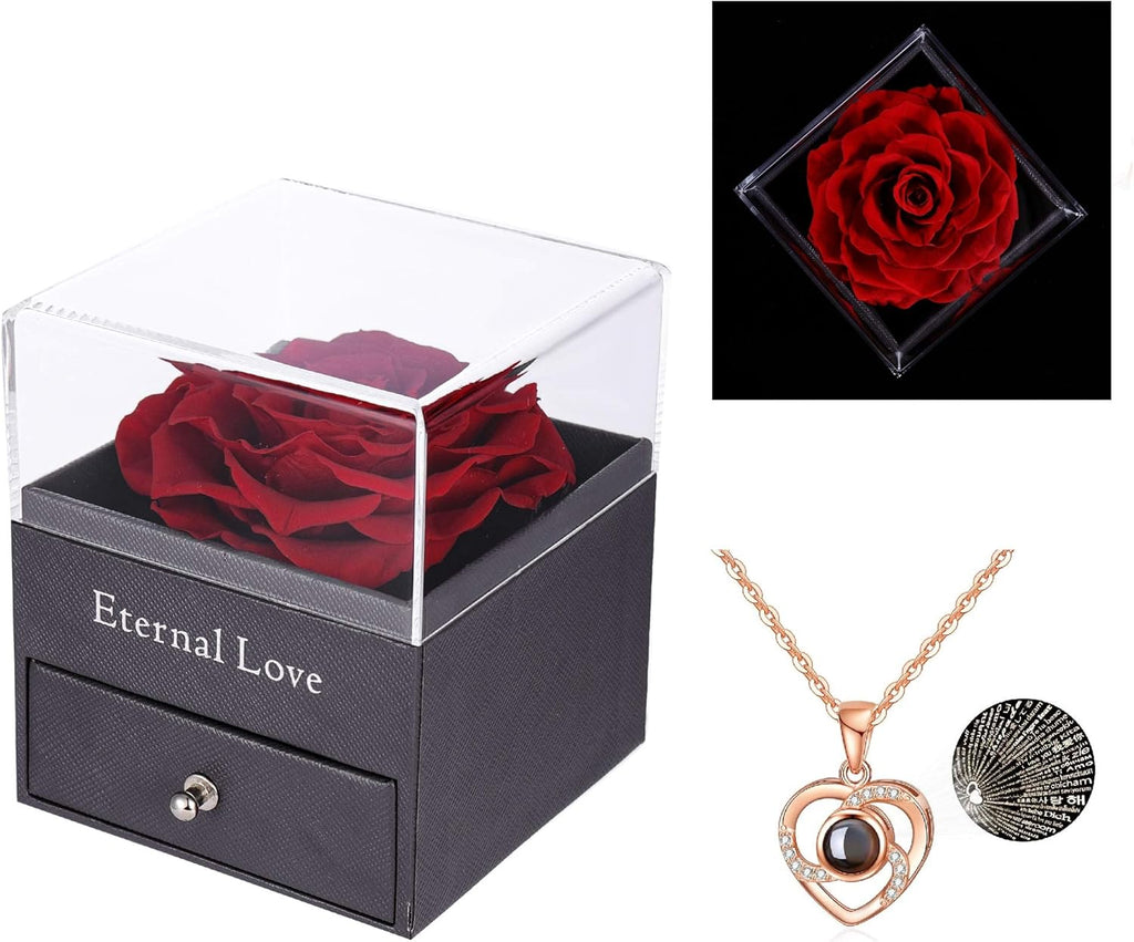 Real Preserved Red Rose - Eternal Rose Gift Box with Rose Necklace, Handmade Fresh Rose Gift for Her on Birthday,Christmas,Mother'S Day,Valentine'S Day (Red)