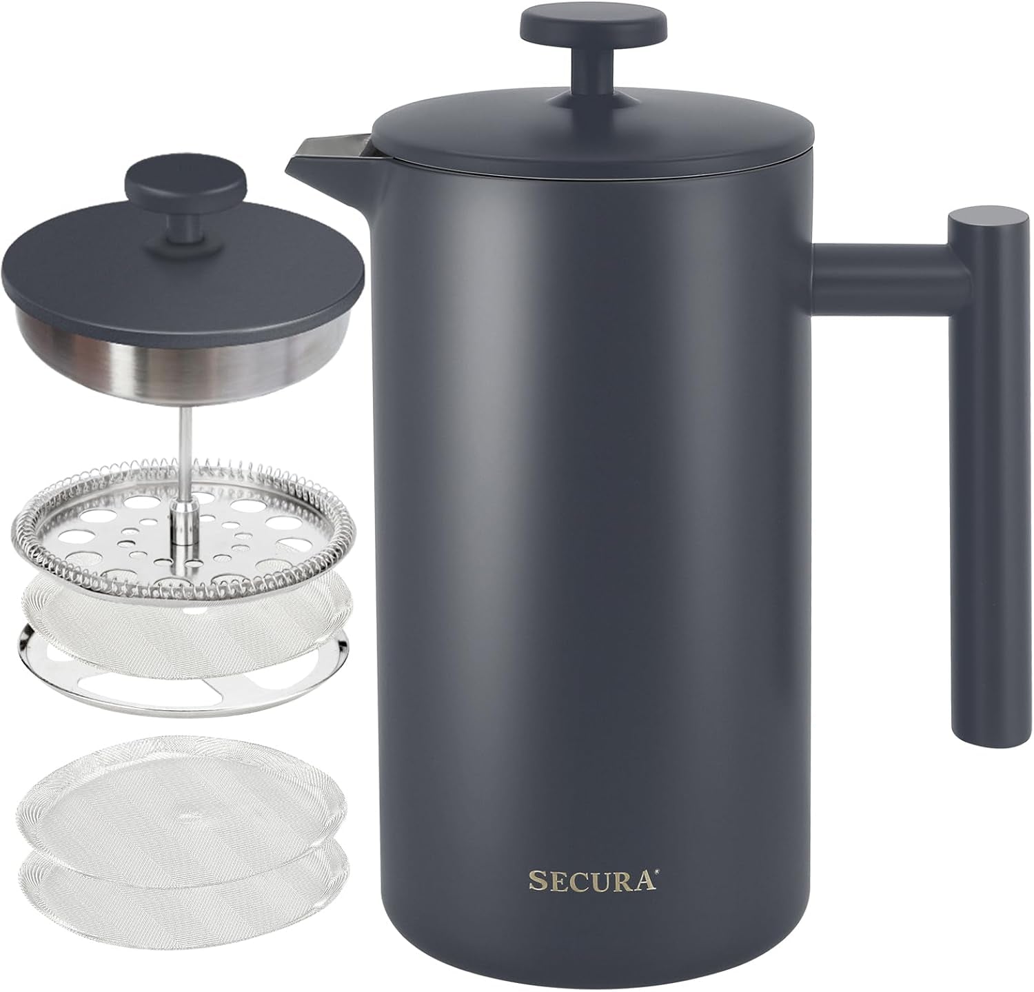 Secura French Press Coffee Maker, 304 Grade Stainless Steel Insulated Coffee Press with 2 Extra Screens, 34Oz (1 Litre), Silver