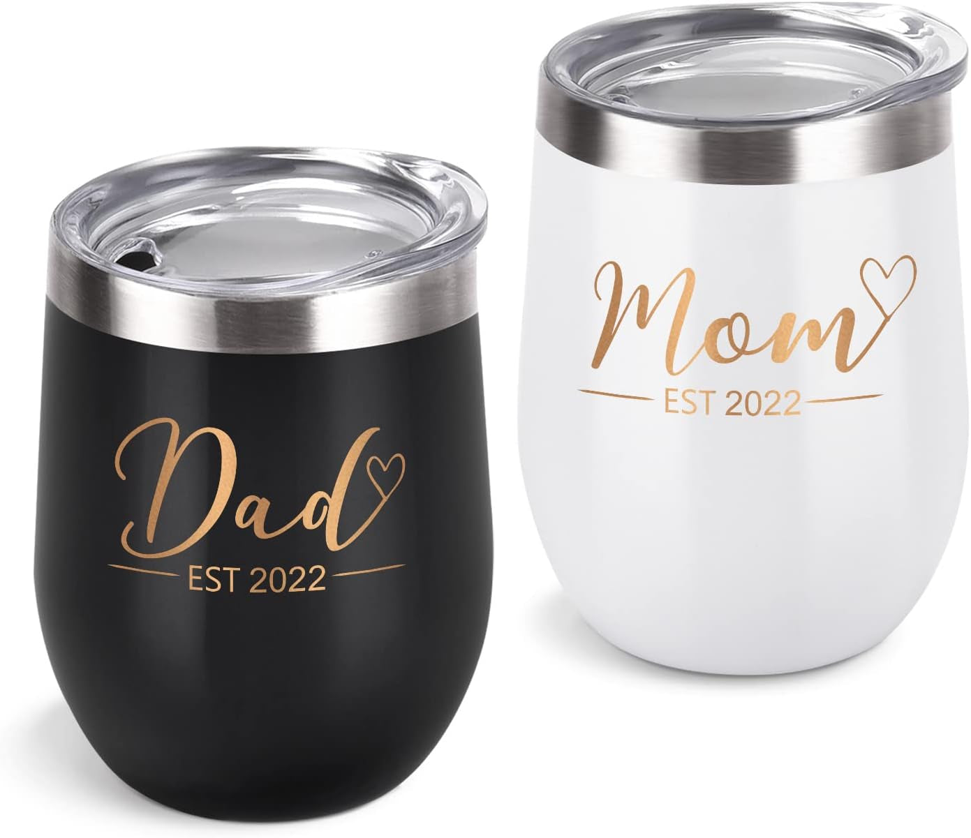 YOUNGFIT Natubeau New Parents Gift - Mom Dad Est 2022 Wine Tumbler Set for New Mom Dad Baby Shower New Parents New Pregnancy Baby Announcement, 12 Oz Insulated Stainless Steel Wine Tumbler, Set of 2