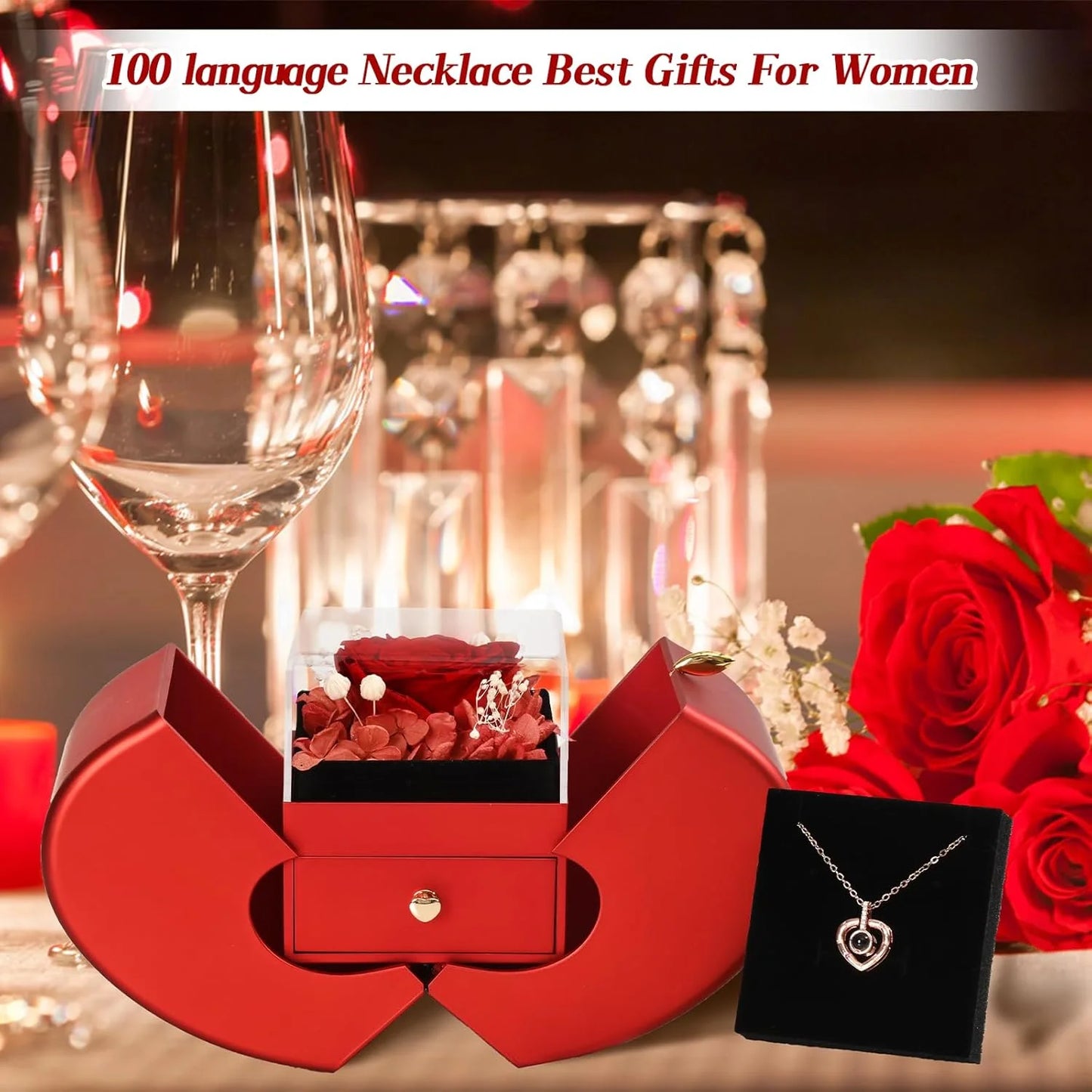 Preserved Flower Real Rose with Heart Necklace, Eternal Flower Gift Box for Mom,Girlfriend,Wife,Grandma on Valentine'S Day,Mother'S Day,Anniversary