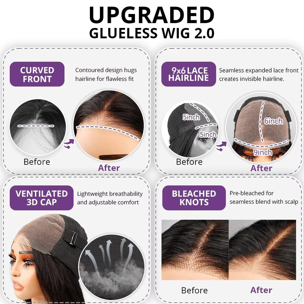 Glueless Wigs Human Hair Pre Plucked Pre Cut 9X6 Straight Lace Front Wigs Human Hair Hd Lace Front Closure Wigs for Women 250% Density Wear and Go Glueless Wig Ready to Wear Natural Black24Inch