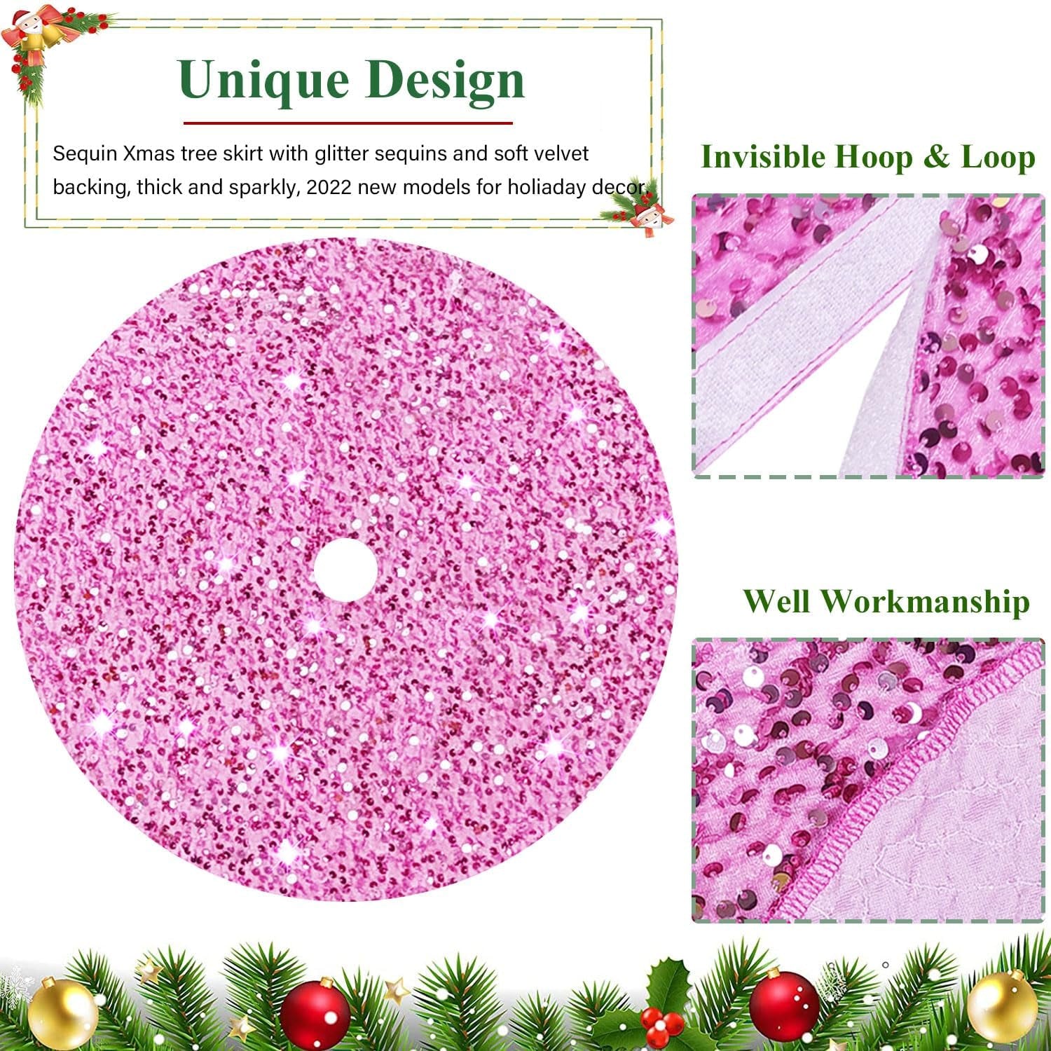FUHSY Christmas Tree Skirt Pink Tree Skirt 46 Inch Sequintree Skirt Velvet Tree Floor Carpet Holiday Ornaments Glittery Xmas Skirt for Thanksgiving Pink Christmas Decorations Christmas Skirt Tree