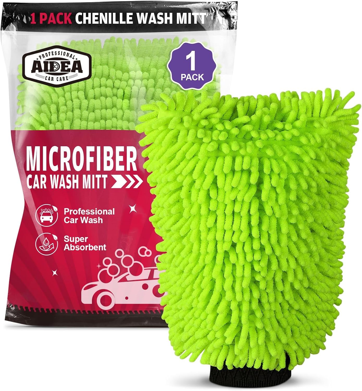 AIDEA Car Wash Mitt Microfiber, 2PK Scratch Free Lint-Free, Premium Chenille Microfiber Mitt Car Wash Brush, Green, Regular Size 7.12''X10.14''