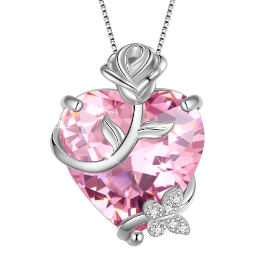 15MM Women Rose Heart Necklace October Birthstone 925 Sterling Silver Butterfly Flower Pendant Pink Tourmaline Jewelry Mother Valentine'S Day Gifts