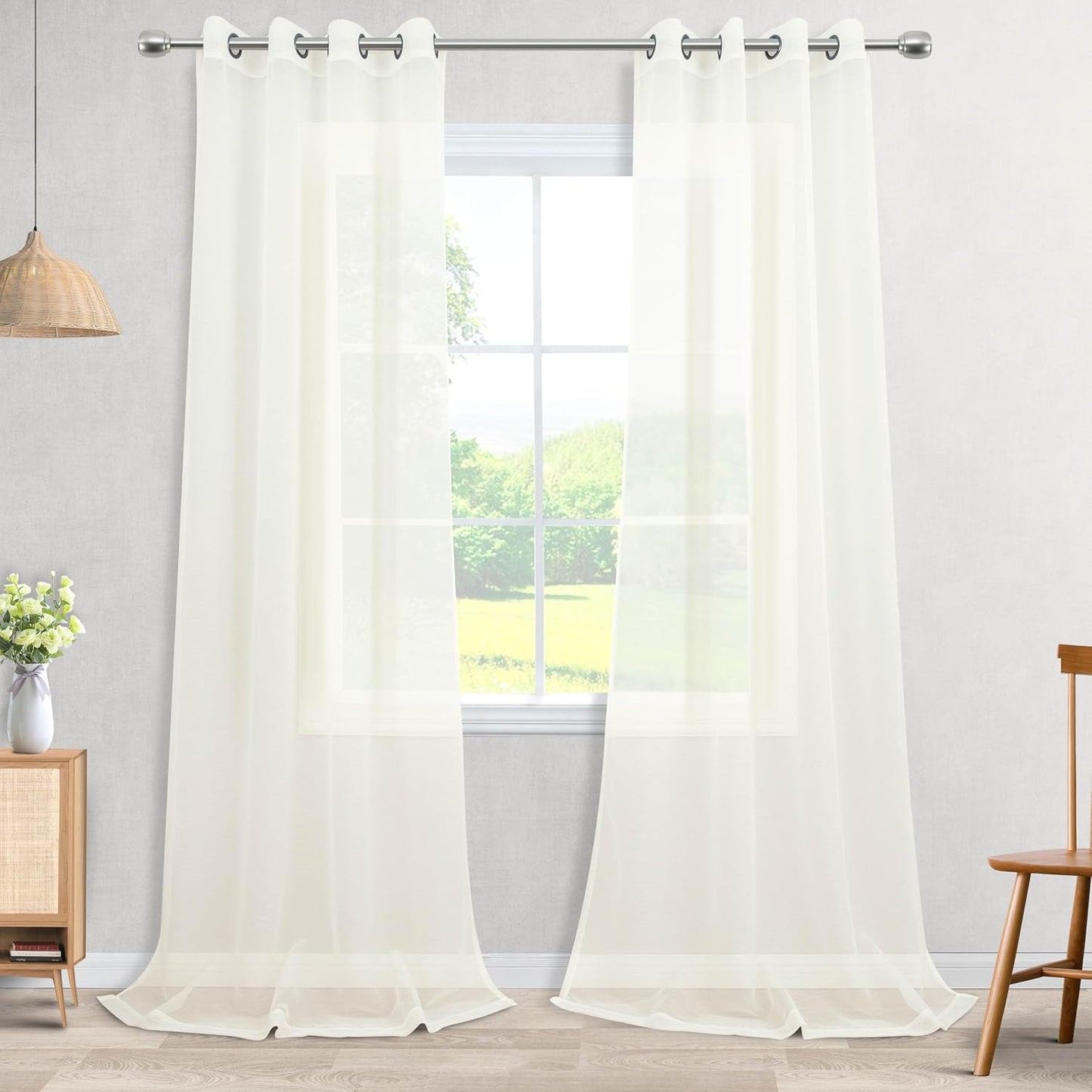 KOUFALL Silver Sheer Curtains, Luxury Curtain for Living Room Bedroom, Light Grey Grommet Backdrop Curtains for Party, 52 X 84 Inch Length, 2 Panels Set, Gray