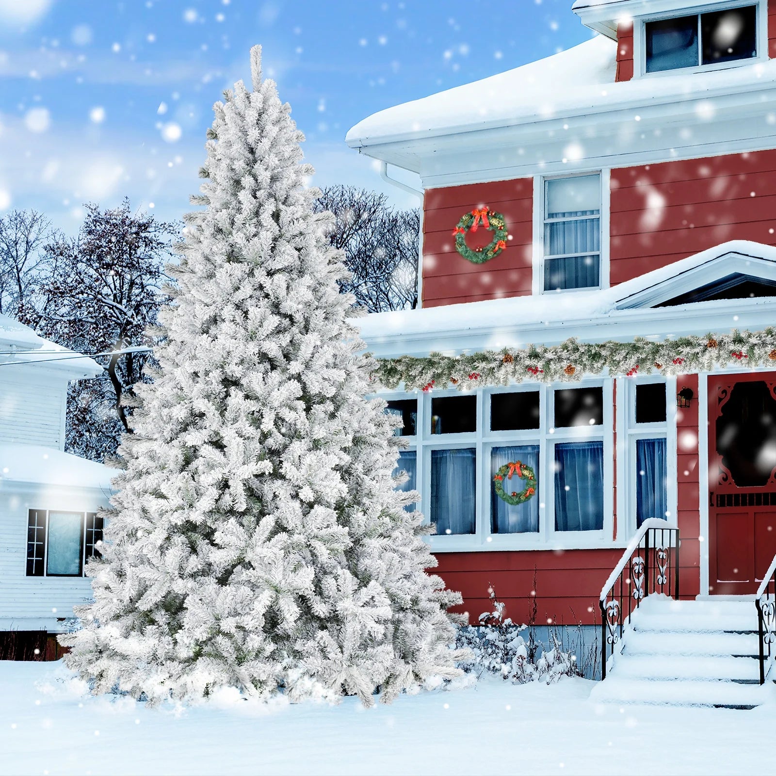 9Ft Snow Flocked Christmas Tree with 2028 Tips, Artificial Snowy Xmas Pine Tree with Reinforced Metal Base for Home Office Party Holiday Decorations ,White(No Light)