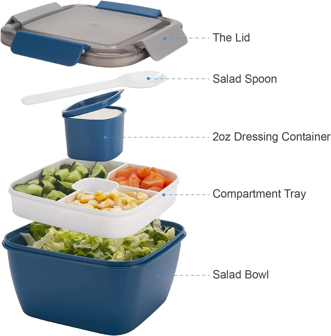 Freshmage Salad Lunch Container to Go, 52-Oz Salad Bowls with 3 Compartments, Salad Dressings Container for Salad Toppings, Snacks, Men, Women (Blue)