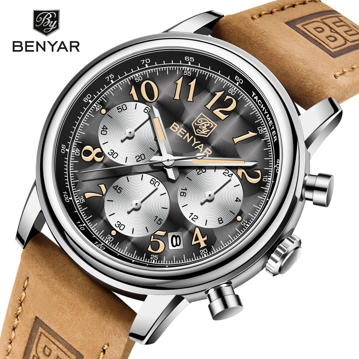 BENYAR Men'S Quartz Business Casual Sports Watch-Brown Strap 30M Waterproof-Multifunctional Fashion Analog Chronograph Watch with Calendar