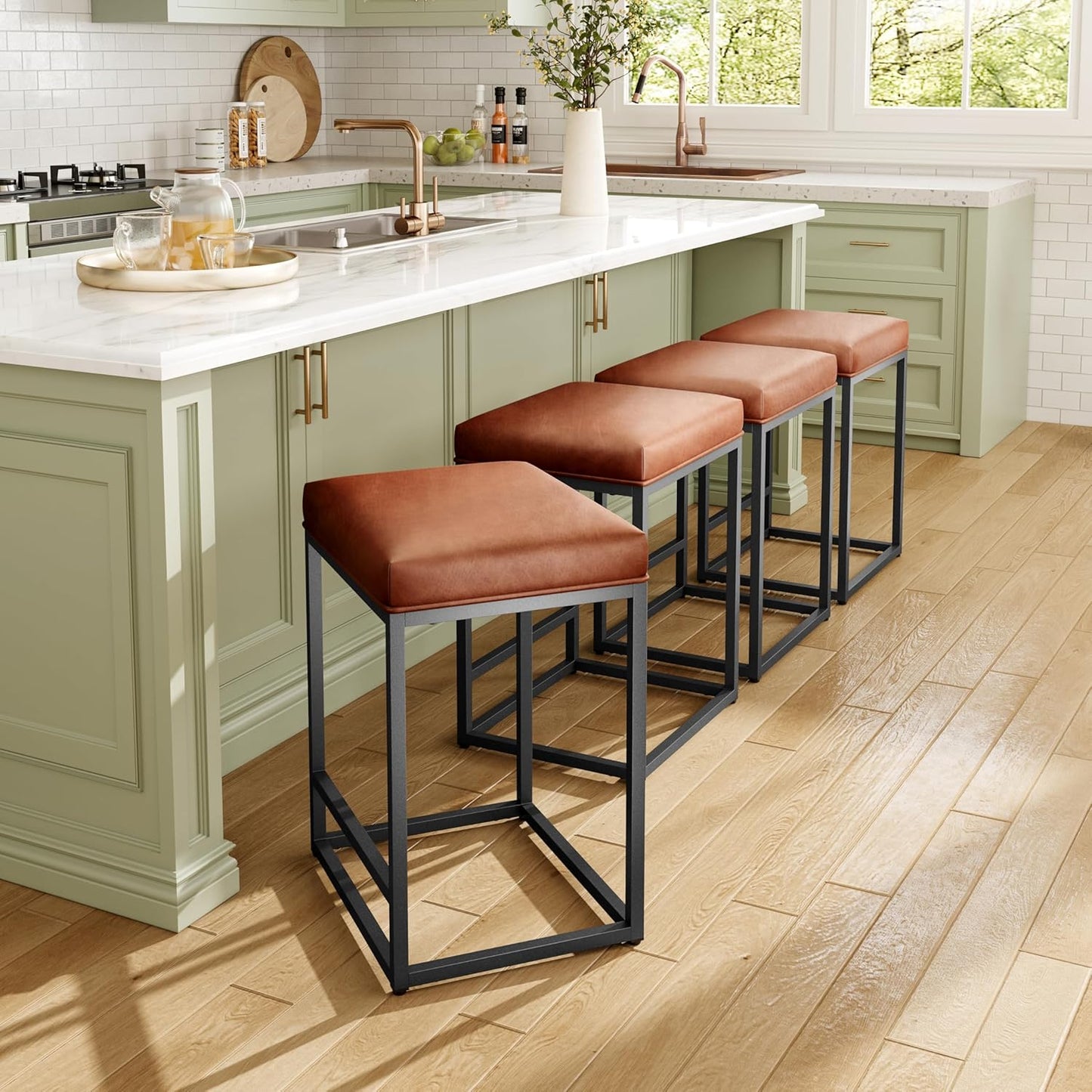 MAISON ARTS Counter Height 24" Bar Stools Set of 2 for Kitchen Counter Backless Modern Barstools Industrial Upholstered Faux Leather Stools Farmhouse Island Chairs, (24 Inch, Brown)