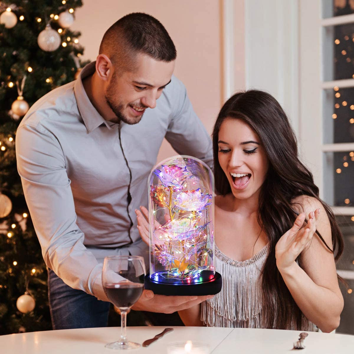 Valentines Gifts for Her,Birthday Gifts for Women,Colorful Flowers Rose in Glass Dome,Galaxy Flowers Rose with 2 Lighted Mode,Rainbow Rose Flower Gifts for Women,Valentines Gifts for Girlfriend