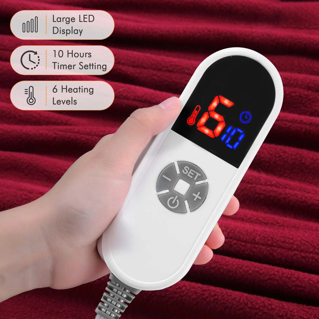Electric Heated Blanket Polar Fleece Full Size 72''X 84'' with 6 Heating Levels 10H Timer - Red